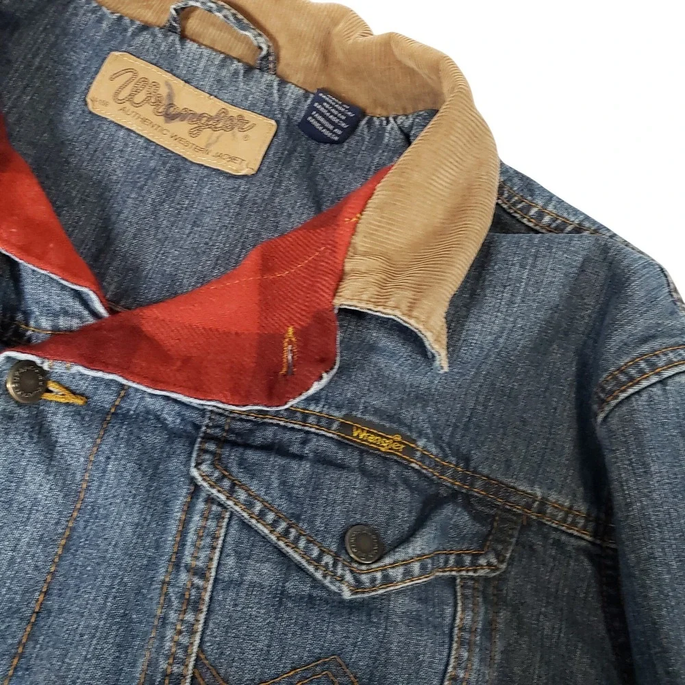 Wrangler Authentic Western Jacket Blue Denim Flannel Lined Corduroy Collar L
